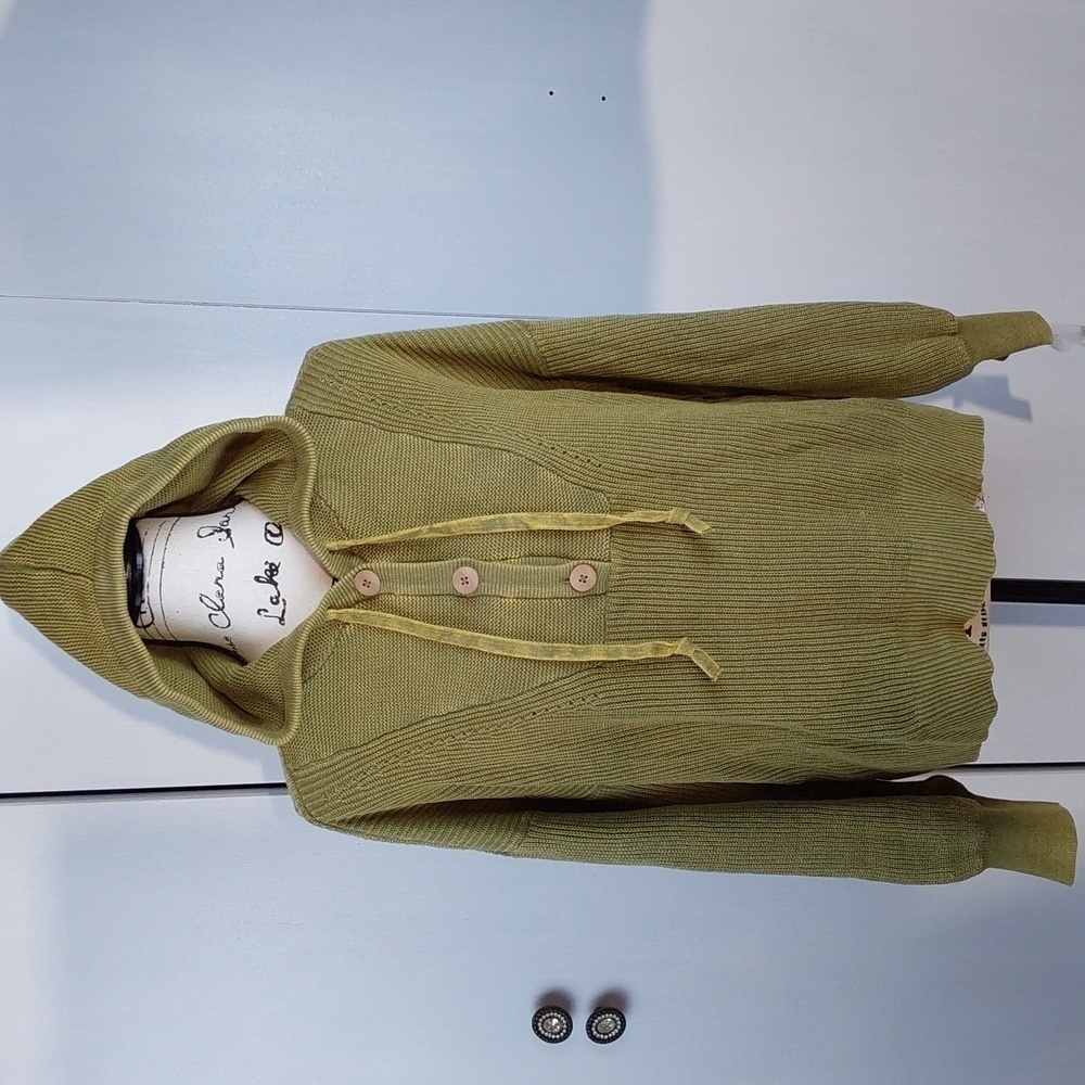 Sonoma- Womens Hooded Sweater Olive Green Stretchy Knit Distressed Top Sz.Large